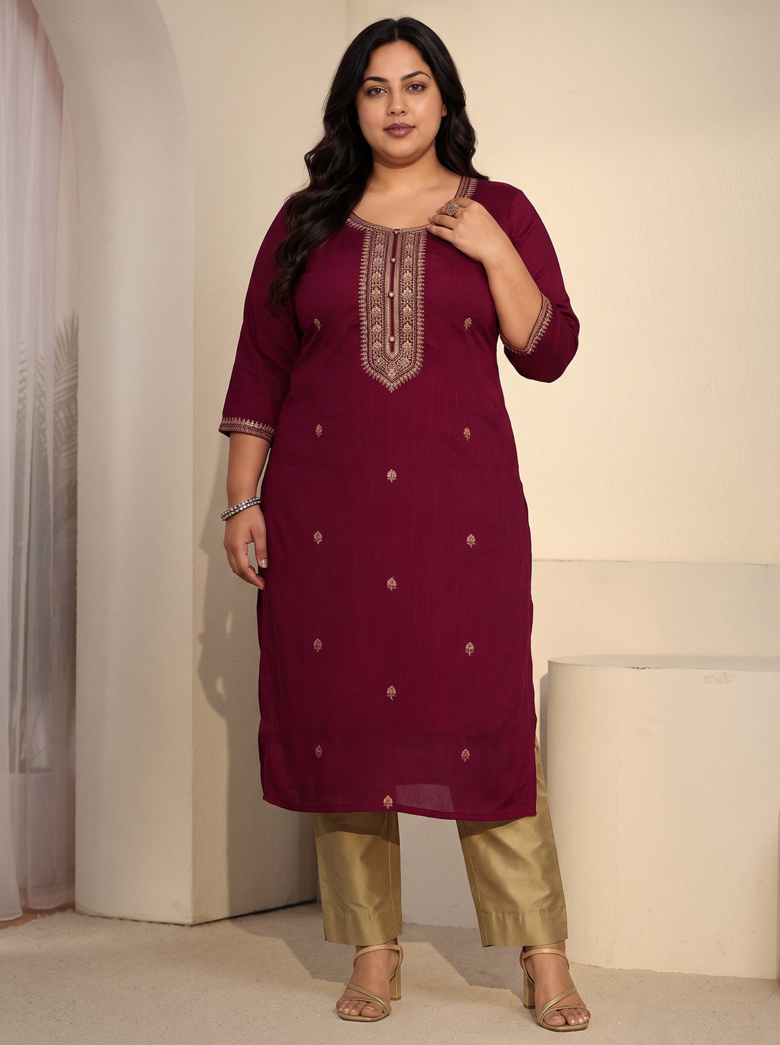 Plus Size Rani Pink Floral Embroidered Silk Blend Straight Kurta