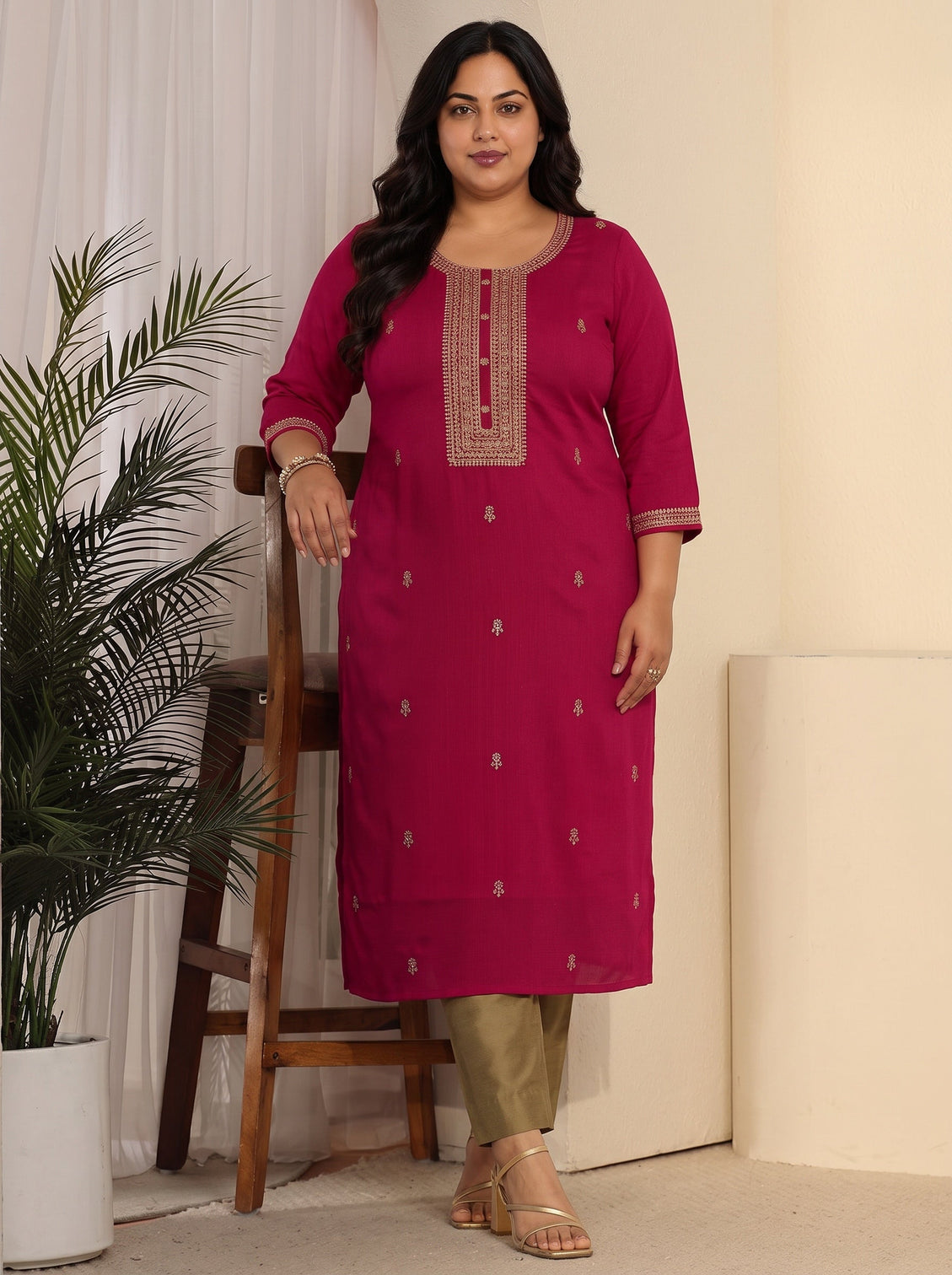 Plus Size Rani Pink Floral Embroidered Silk Blend Straight Kurta