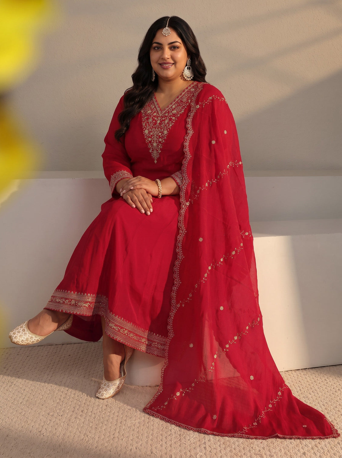 Plus Size Red Embroidered Chanderi Silk A-Line Suit Set With Dupatta