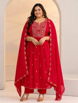Plus Size Red Floral Embellished Chanderi Cotton A-Line Suit Set