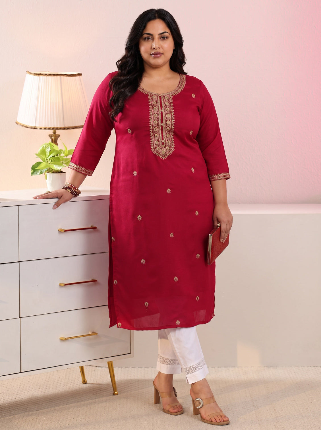 Plus Size Red Floral Embroidered Silk Blend Straight Kurta