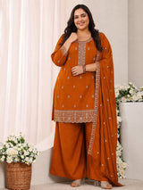 Plus Size Rust Embroidered Silk Blend Straight Suit Set With Dupatta