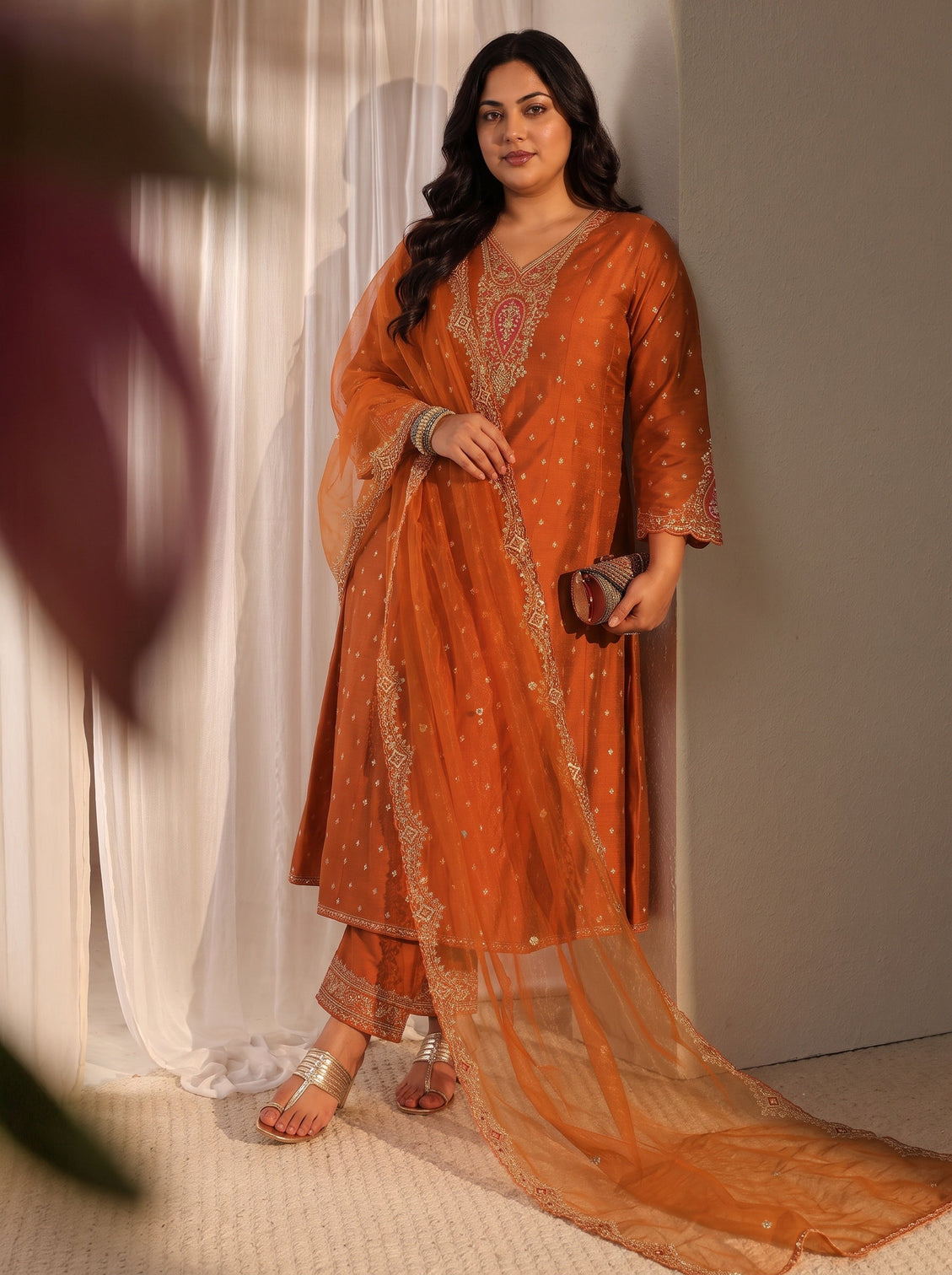 Plus Size Rust Woven Design Silk Blend A-Line Suit Set With Dupatta