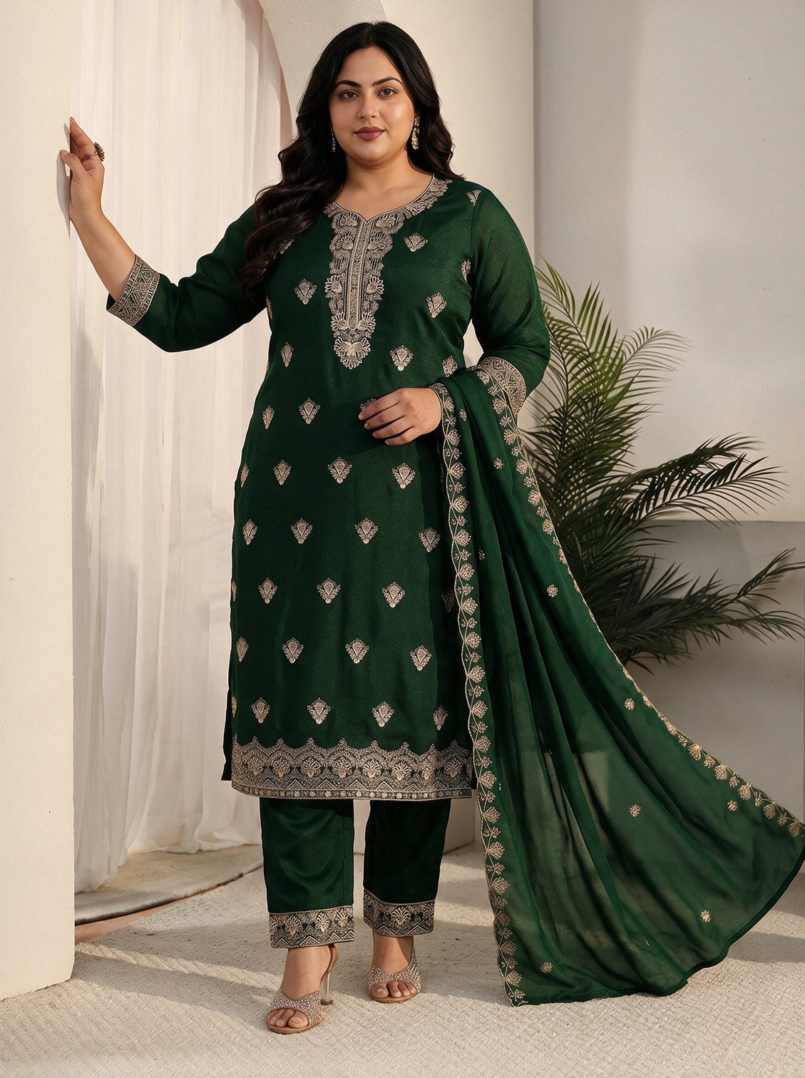 Plus Size Sacramento Green Embroidered Chinon Straight Suit Set