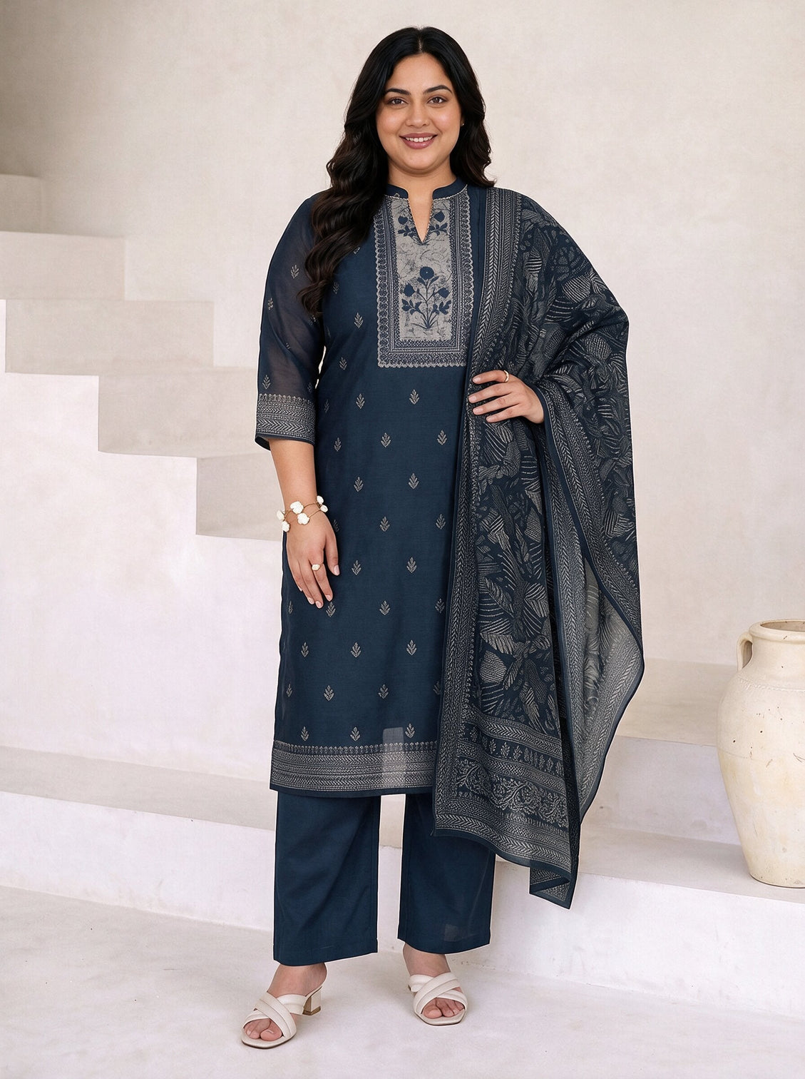 Plus Size Teal Blue Floral Printed Chanderi Silk Straight Suit Set