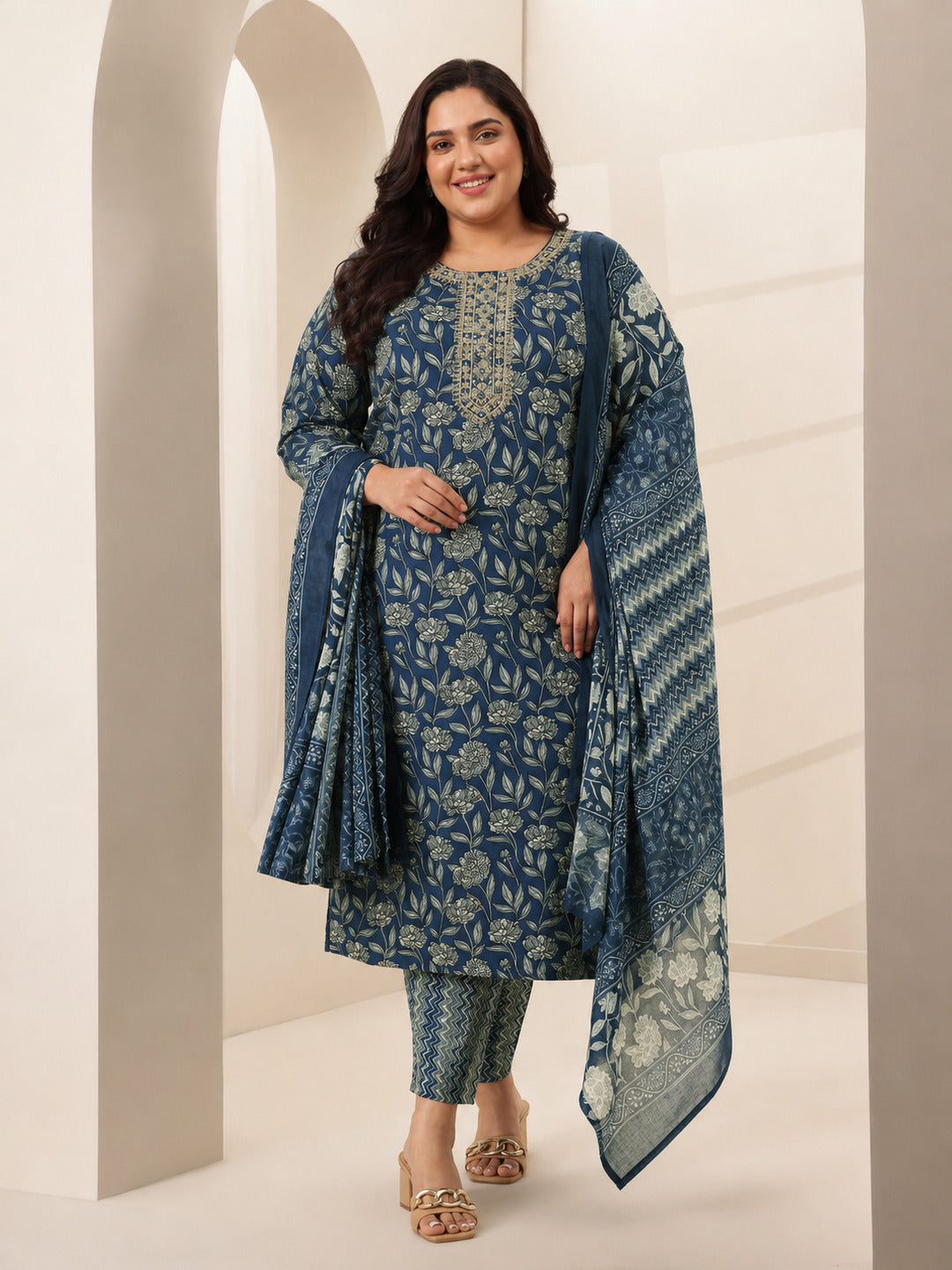 Plus Size Teal Blue Printed Cotton Blend Straight Suit Sets With Dupatta