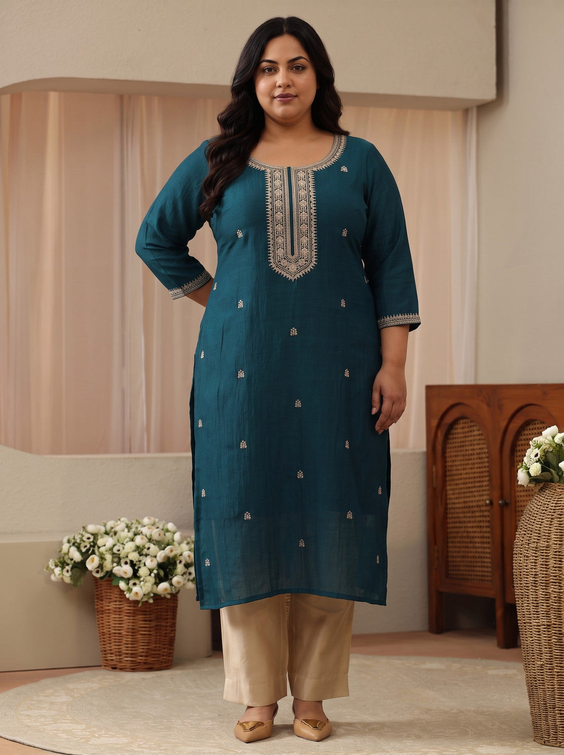 Plus Size Teal Green Embroidered Silk Blend Straight Kurta