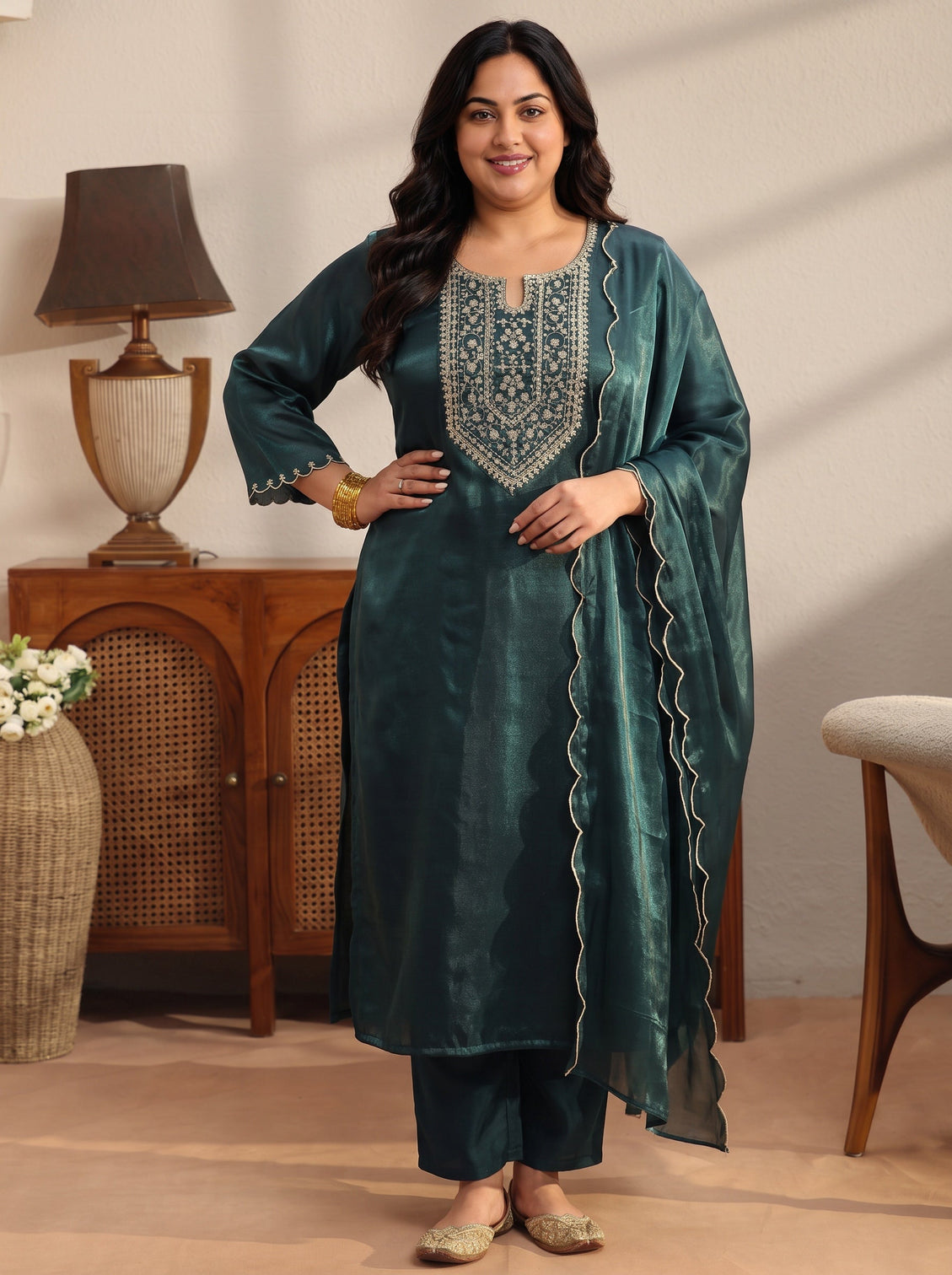 Plus Size Teal Yoke Design Tissue Straight Suit Set