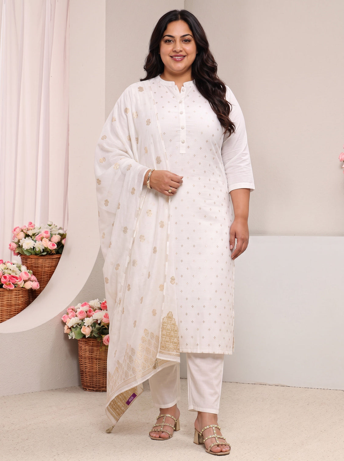 Plus Size White Ethnic Woven Design Chanderi Silk Straight Suit Set With Dupatta