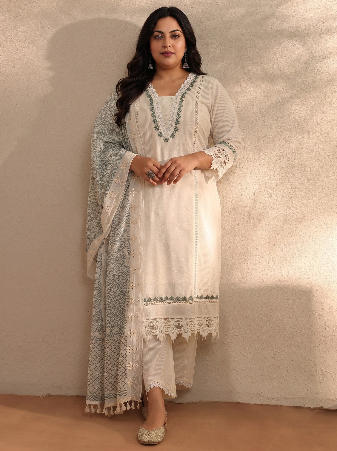 Plus Size White Self Design Cotton Blend Straight Kurta Set