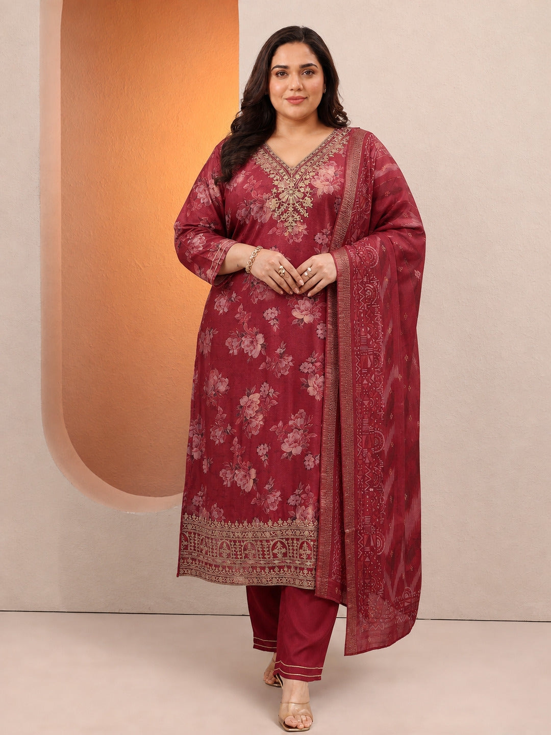 Plus Size Red Printed Chinon Straight Suit Set With Dupatta