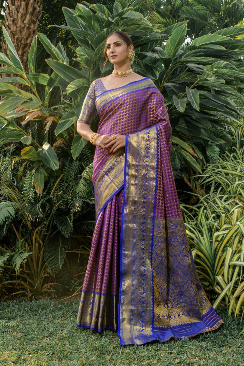Gleaming Navy Blue Soft Banarasi Silk Saree With Bewitching Blouse Piece