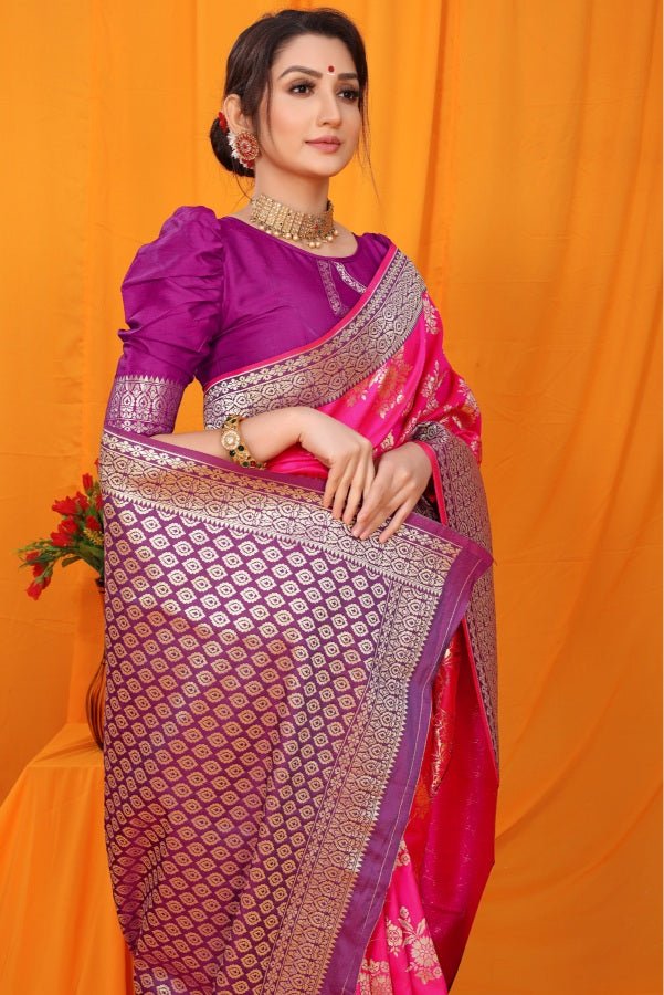 Artistic Dark Pink Kanjivaram Silk With Alluring Blouse Piece