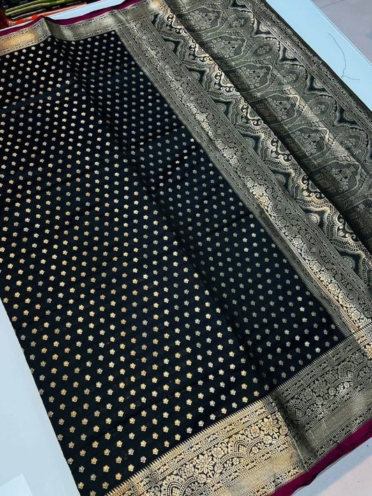 Admirable Black Soft Banarasi Silk Saree With Moiety Blouse Piece