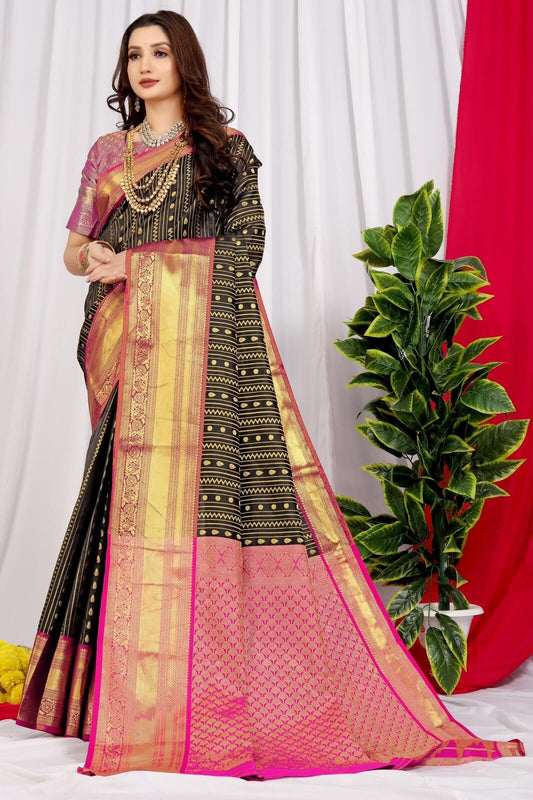 Fragrant Black Kanjivaram Silk Saree With Demure Blouse Piece