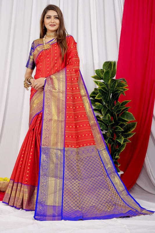 Fragrant Red Kanjivaram Silk Saree With Demure Blouse Piece