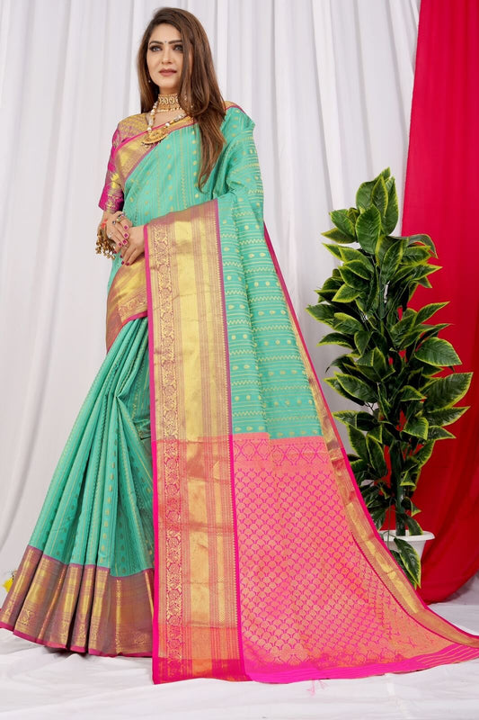 Fragrant Sea Green Kanjivaram Silk Saree With Demure Blouse Piece