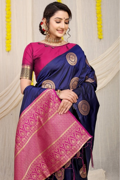 Gorgeous Navy Blue Kanjivaram Silk Saree and Angelic Blouse Piece