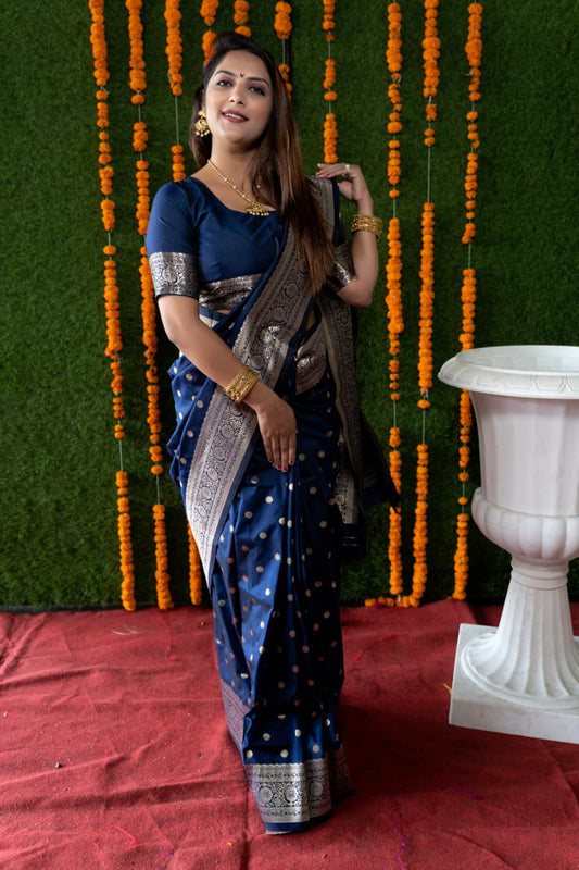 Glittering Blue Banarasi Silk Saree With Most Traditional Blouse Piece
