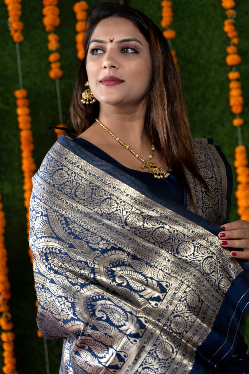 Glittering Blue Banarasi Silk Saree With Most Traditional Blouse Piece