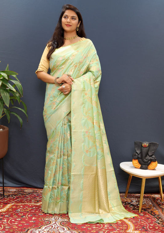 Gossamer Pista Soft Banarasi Silk Saree With Lassitude Blouse Piece