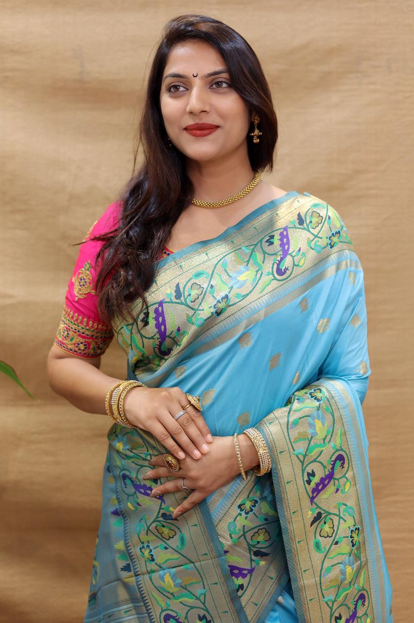 Magnetic Sky Paithani Silk Saree With Fantabulous Blouse Piece