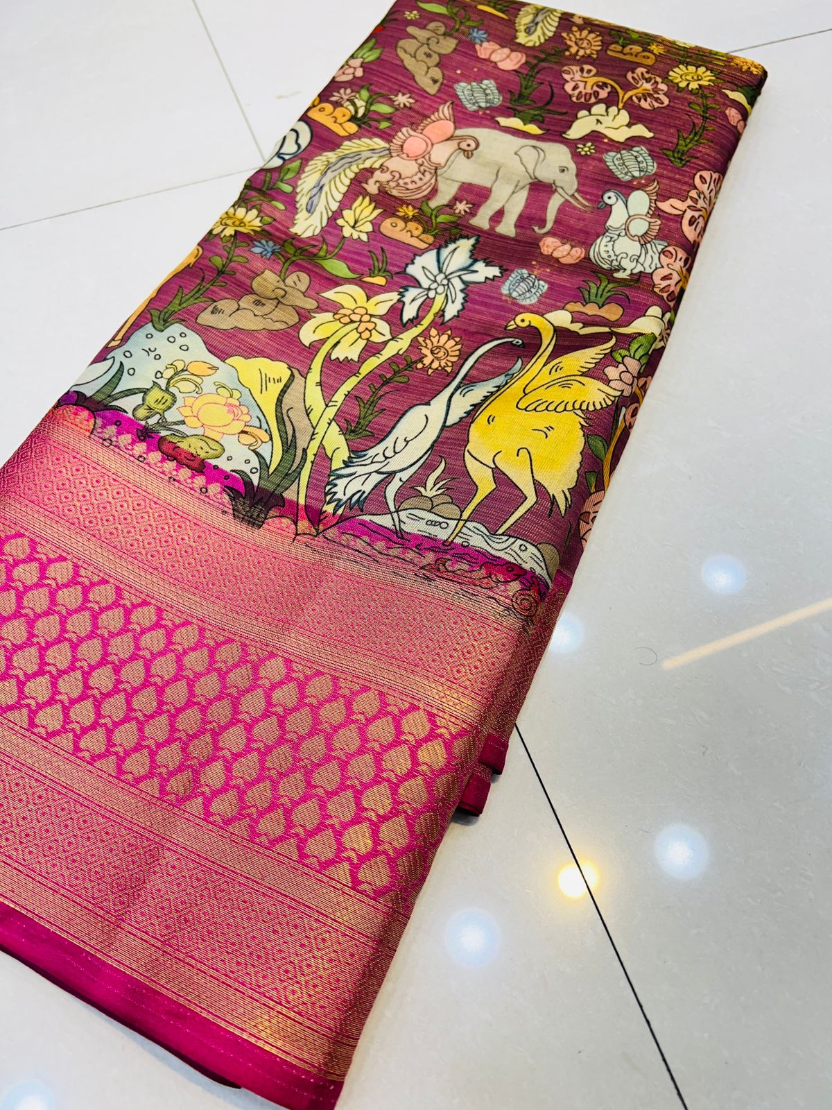 Enchanting Purple Kalamkari Printed Saree With Denouement Blouse Piece