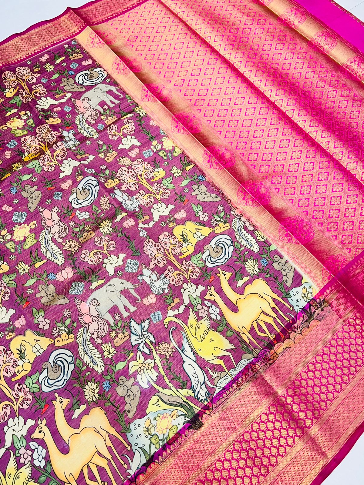 Enchanting Purple Kalamkari Printed Saree With Denouement Blouse Piece