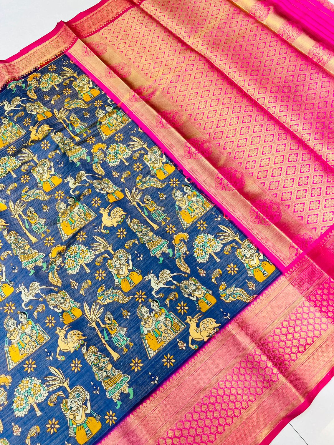 Ephemeral Royal Blue Kalamkari Printed Saree With Demesne Blouse Piece
