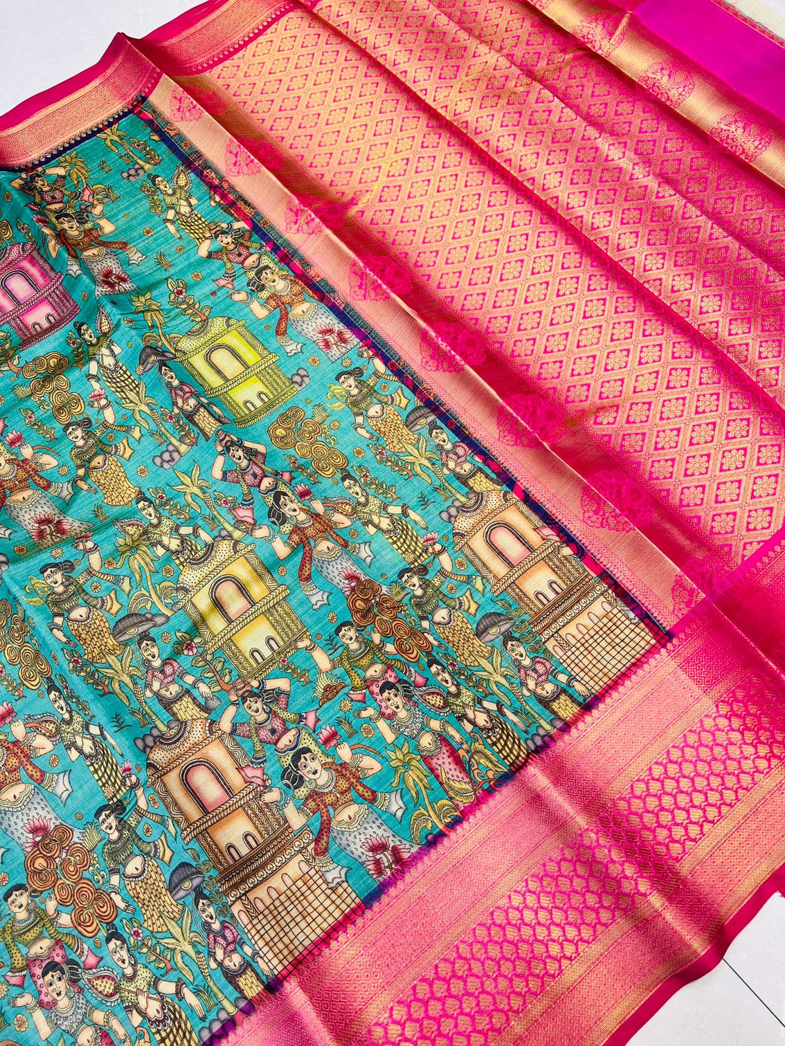 Ethnic Sea Green Kalamkari Printed Saree With Confounding Blouse Piece