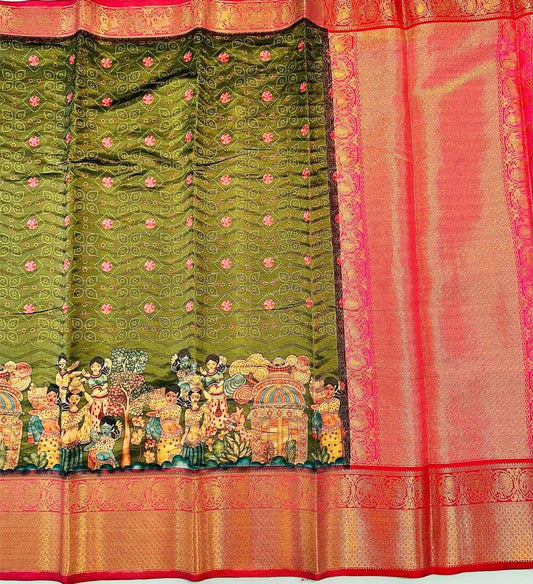 Mesmeric Mehndi Kalamkari Printed Saree With Surpassing  Blouse Piece