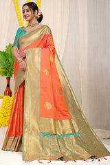 Appealing Peach Banarasi Silk Saree With Forbearance Blouse Piece