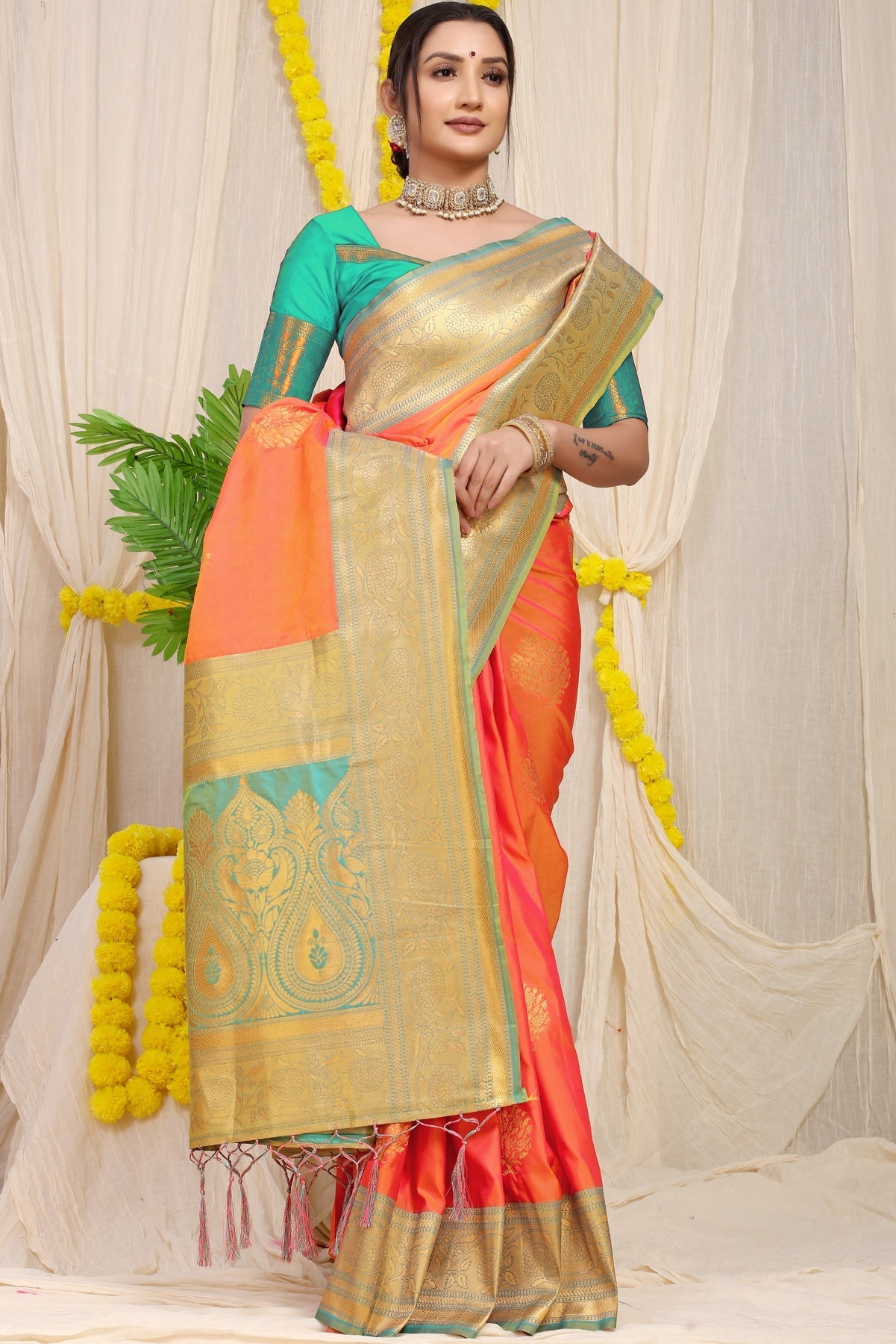 Appealing Peach Banarasi Silk Saree With Forbearance Blouse Piece