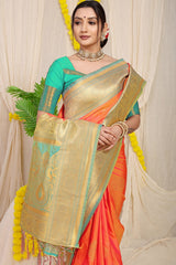 Appealing Peach Banarasi Silk Saree With Forbearance Blouse Piece