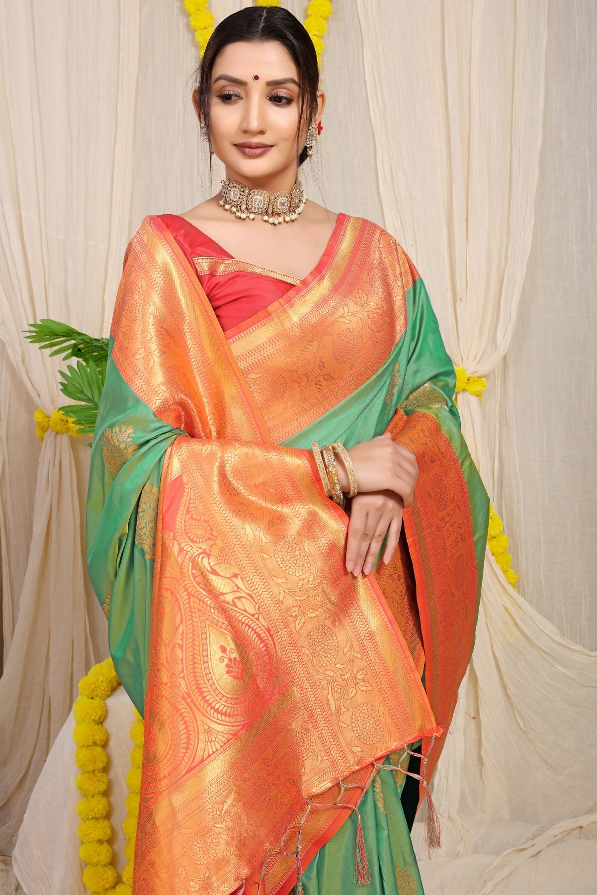Gleaming Sea Green Banarasi Silk Saree With Forbearance Blouse Piece