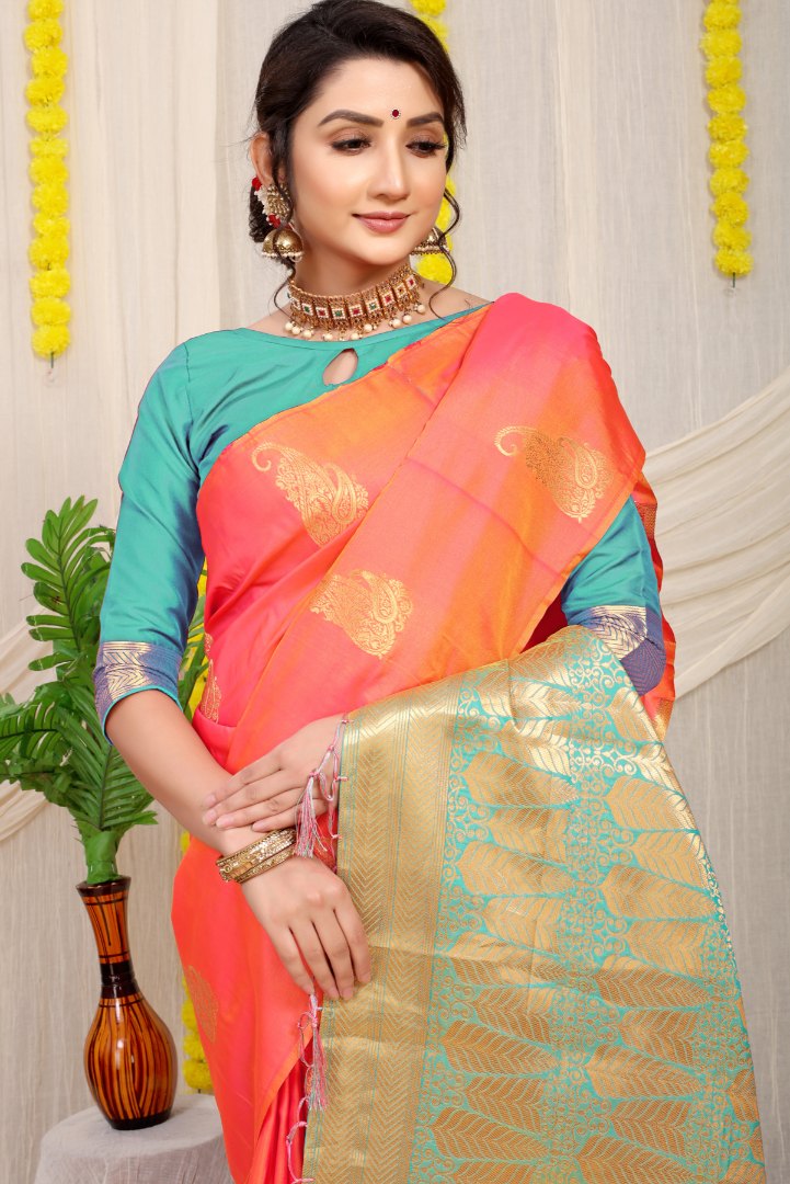 Alluring Peach Banarasi Silk With Wonderful Blouse Piece