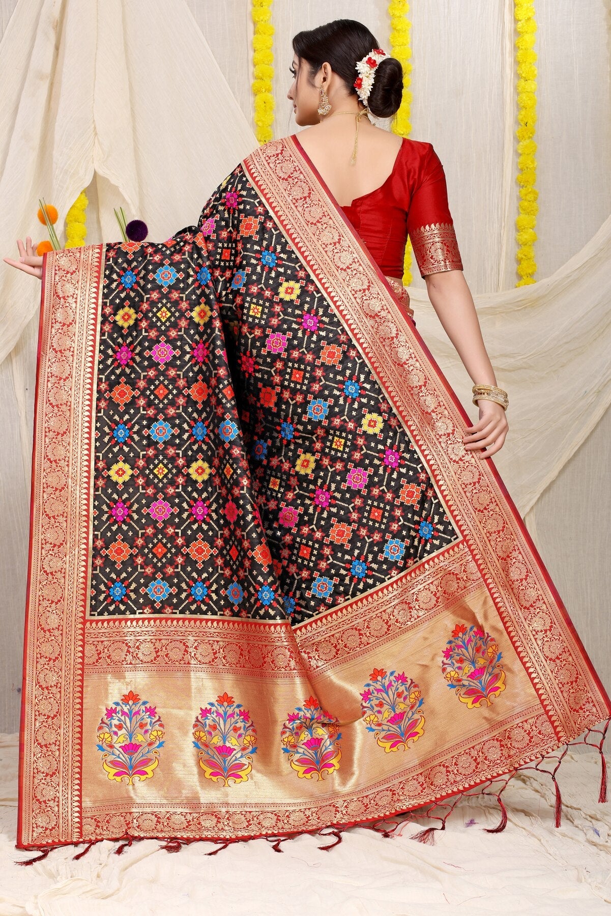 Attractive Black Soft Patola Silk Saree with Demanding Blouse Piece