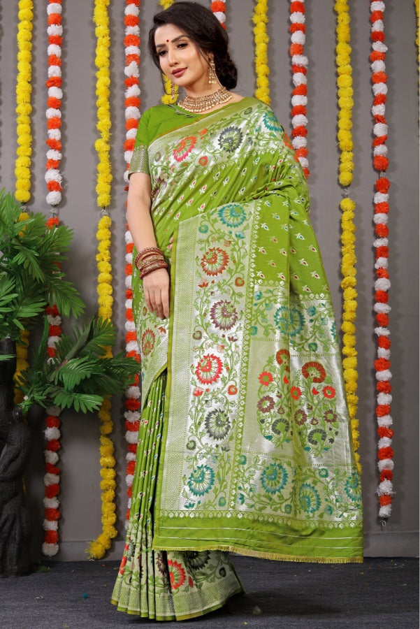 Adorning Green Banarasi Silk Saree With Scintilla Blouse Piece