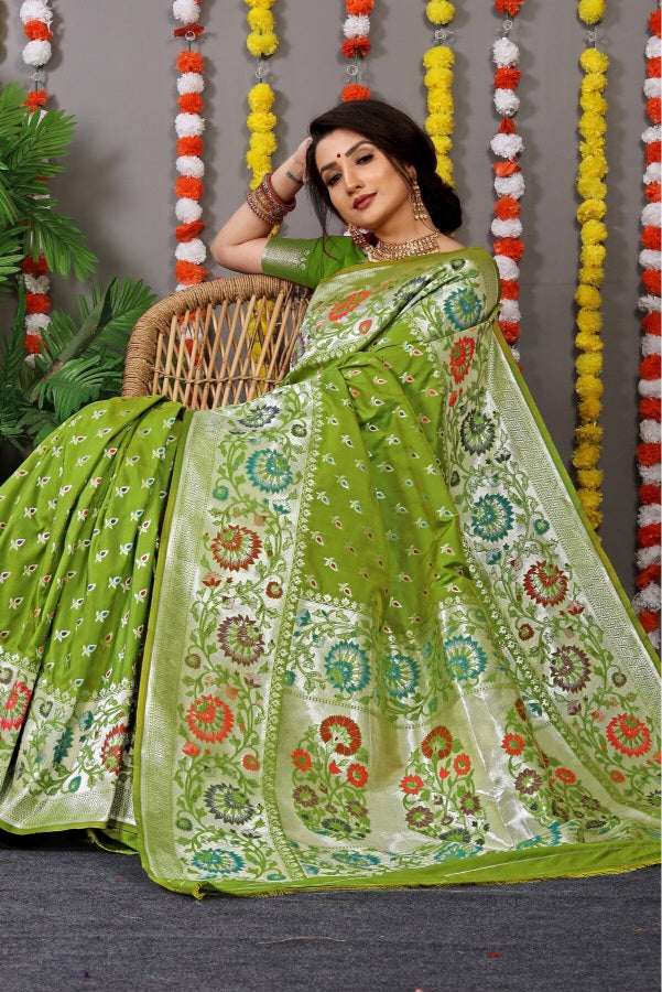 Adorning Green Banarasi Silk Saree With Scintilla Blouse Piece