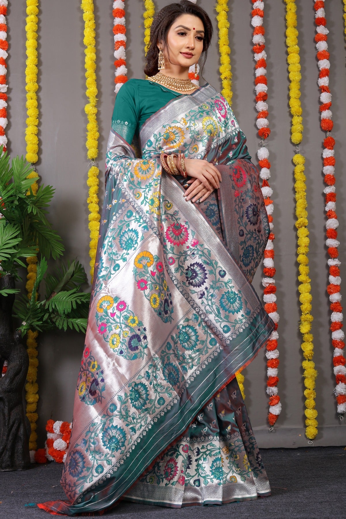Unique Rama Banarasi Silk Saree With Scintilla Blouse Piece