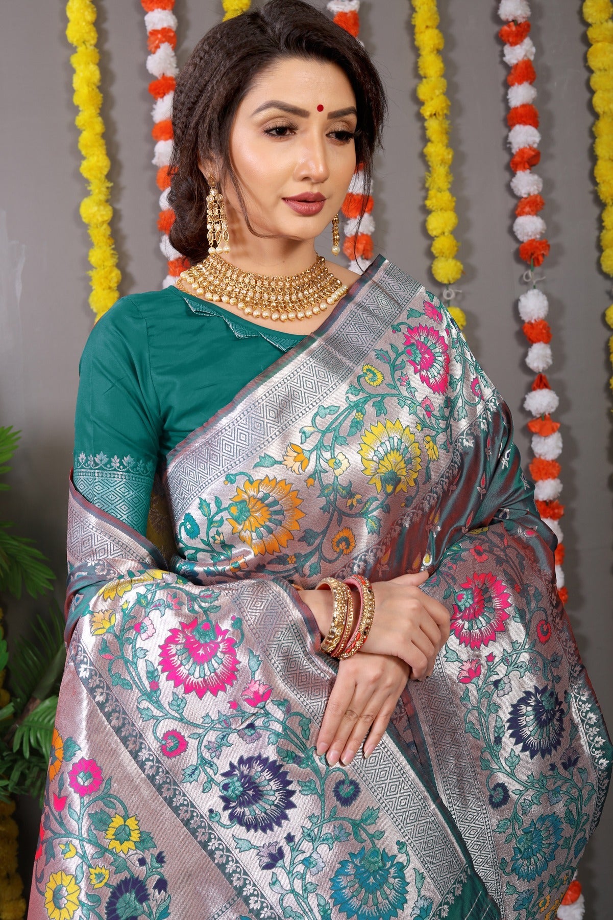 Unique Rama Banarasi Silk Saree With Scintilla Blouse Piece