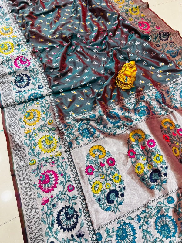 Unique Rama Banarasi Silk Saree With Scintilla Blouse Piece
