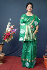 Smashing Green Linen Silk Saree With Super Mesmerising Blouse Piece