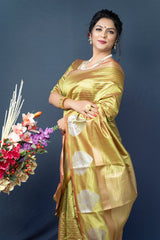 Gratifying Mehndi Linen Silk Saree With Super Mesmerising Blouse Piece