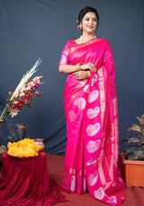 Embrocation Dark Pink Linen Silk Saree With Radiant Blouse Piece