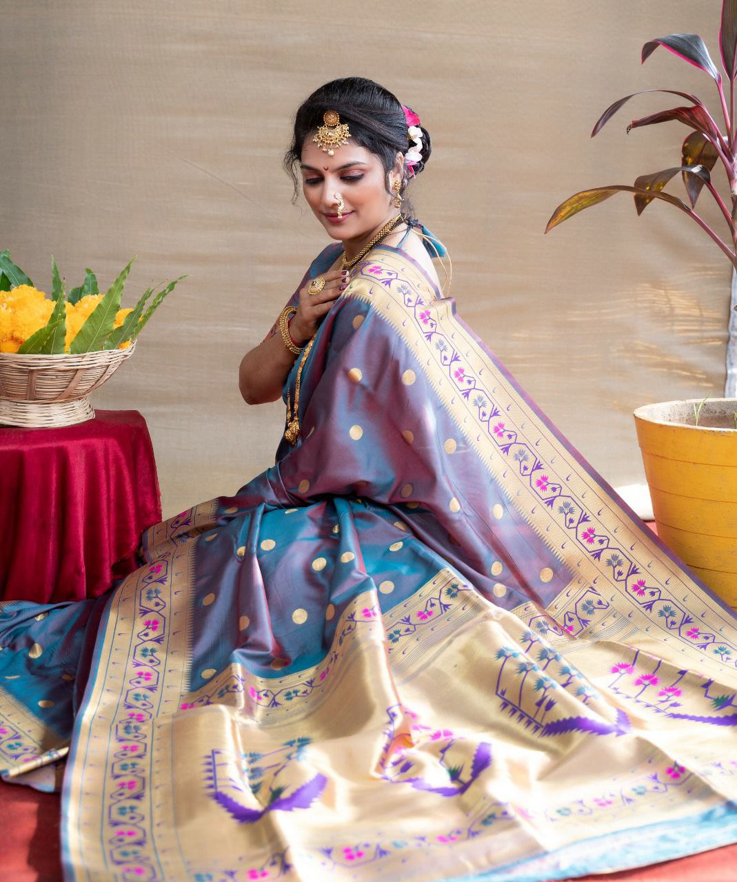 Capricious Grey Paithani Silk Saree With Ethnic Blouse Piece