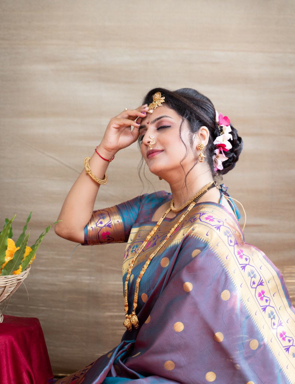 Capricious Grey Paithani Silk Saree With Ethnic Blouse Piece