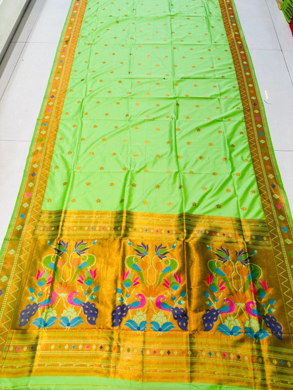 Appealing Pista Paithani Silk Saree With Ethnic Blouse Piece