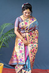 An insanely Grey Paithani Silk Saree With Sizzling Blouse Piece