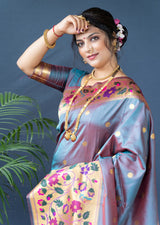 An insanely Grey Paithani Silk Saree With Sizzling Blouse Piece